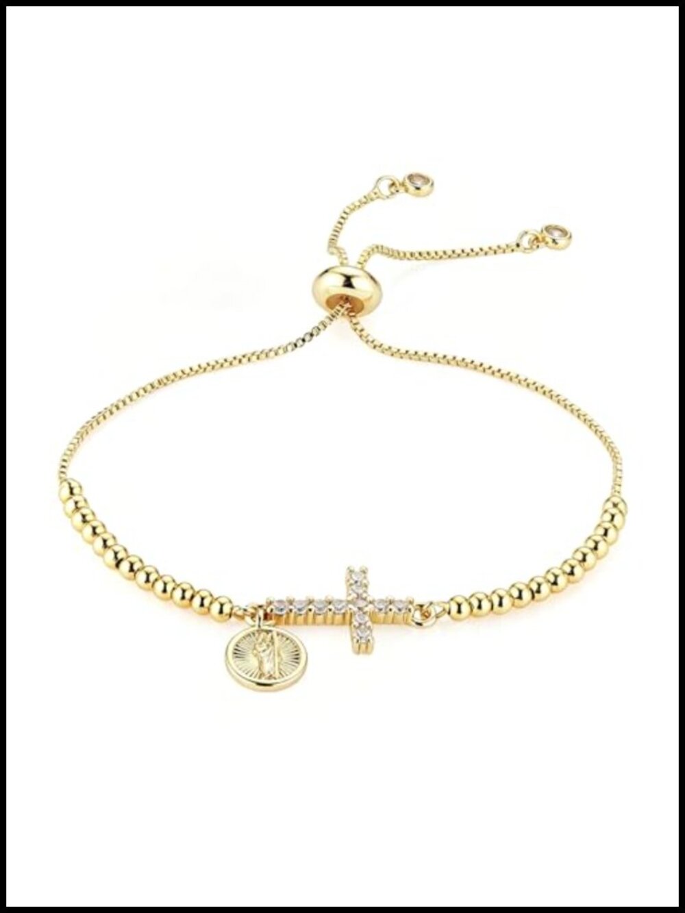 Gold Plated Cross Bracelet for Women, Adjustable Bolo Bracelet with CZ Saint